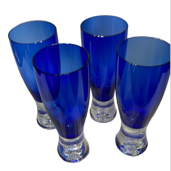 Block Signed Stockholm Crystal 4 Cobalt Blue Air Bubble Bottom Highball Glasses - Picture 2 of 11